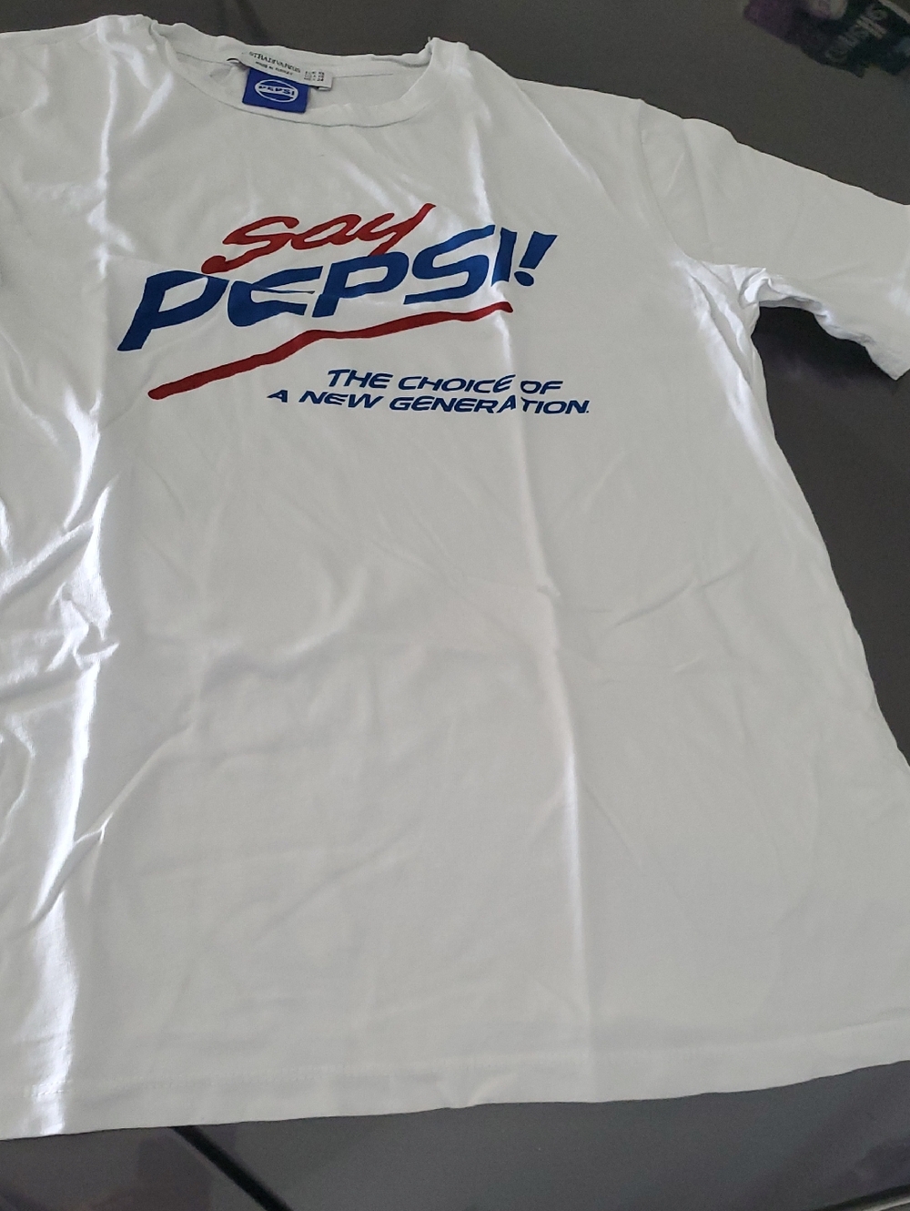 Pepsi White Tee with Red and Blue 'Say Pepsi!' Graphic